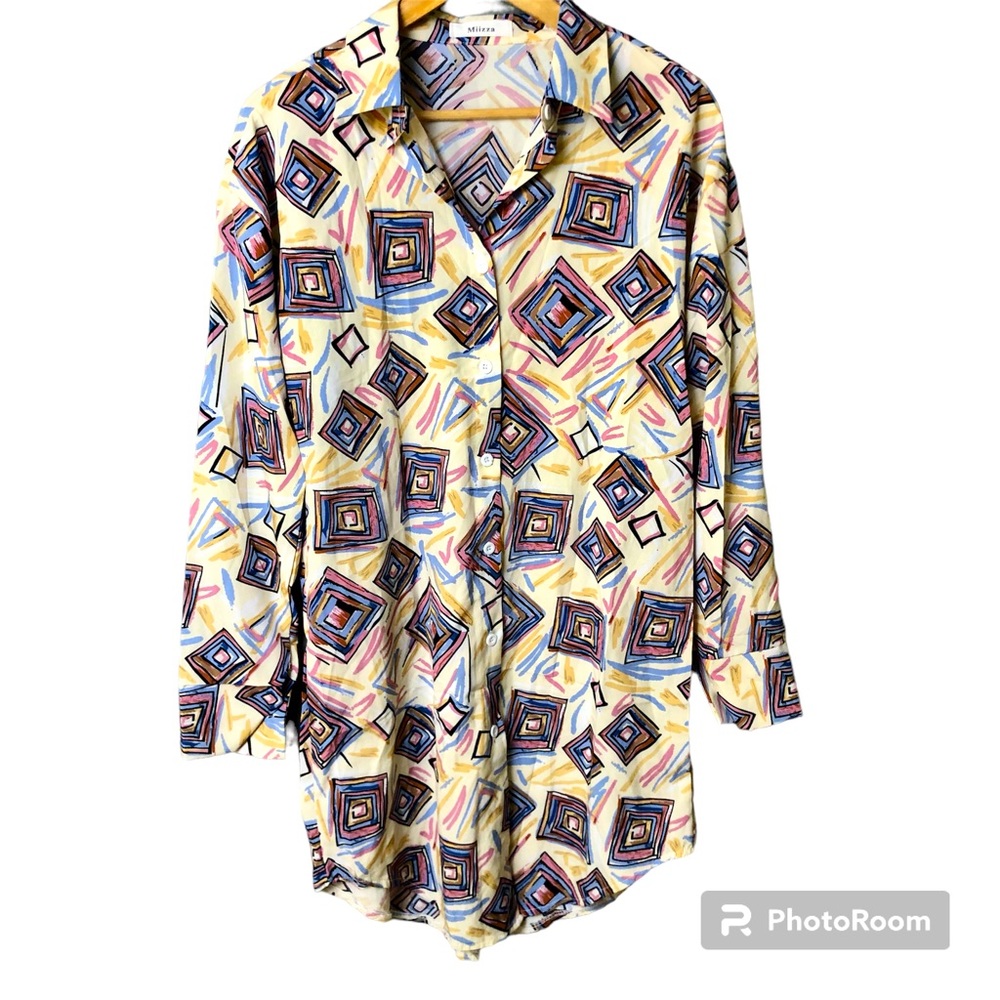 Miizza Button Down Dress Womens Large Long Sleeve Business Casual Unique Print